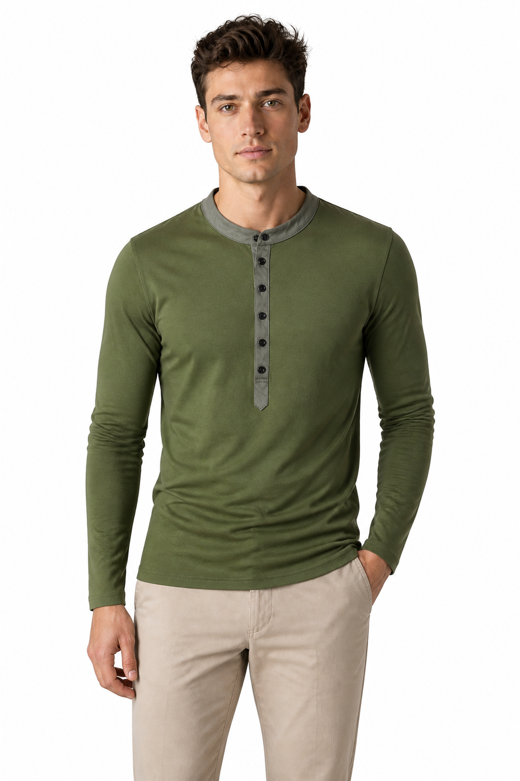 Young Men Fake Two Long Casual T-Shirts - front - Green