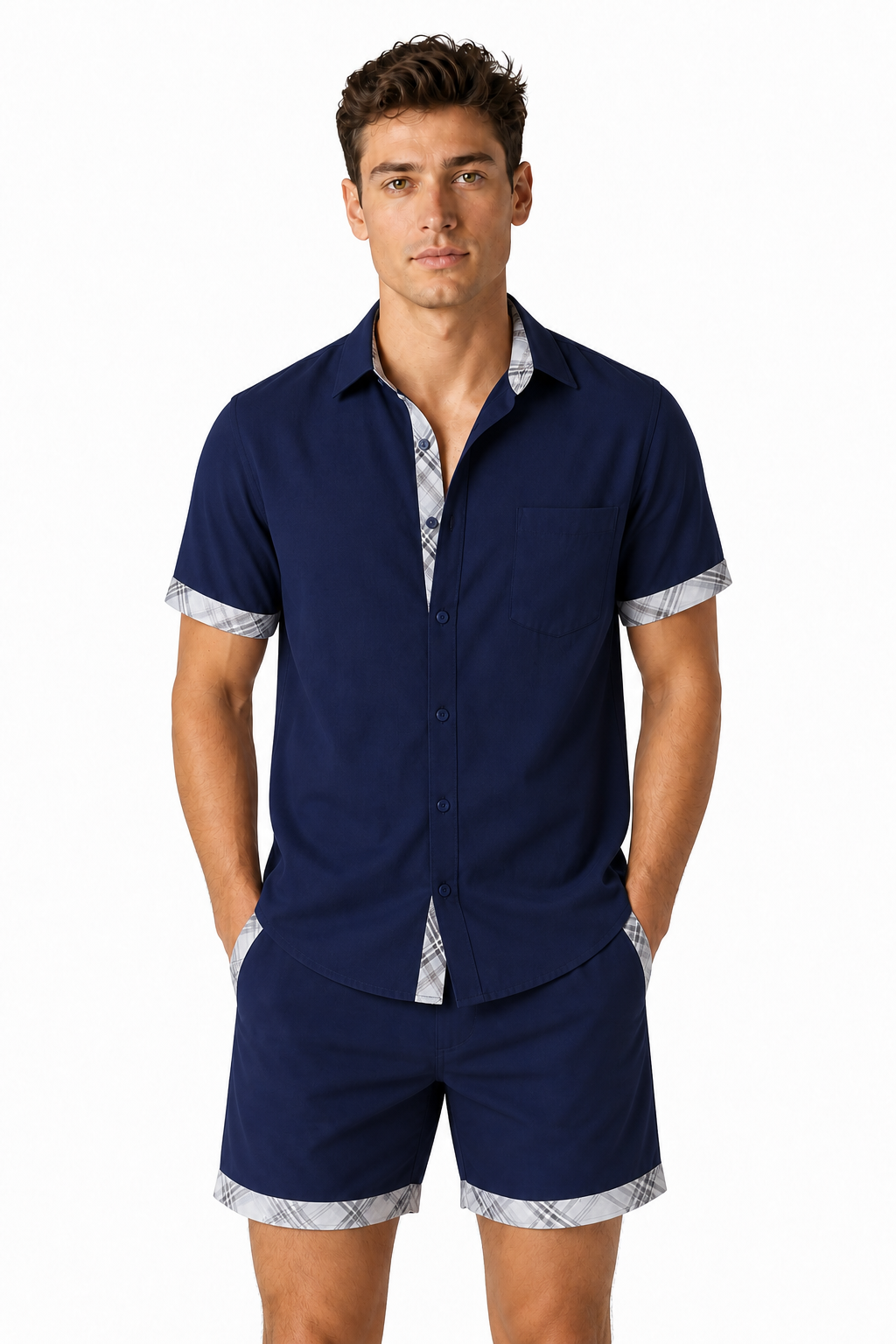 Vacation Short Sleeve Shirts With Plaid Side Summer Hawaii Beach Top Mens Clothing - front - Navy Blue
