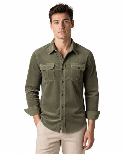 Gerald | Rugged Corduroy Overshirt - Army Green - front - group 1