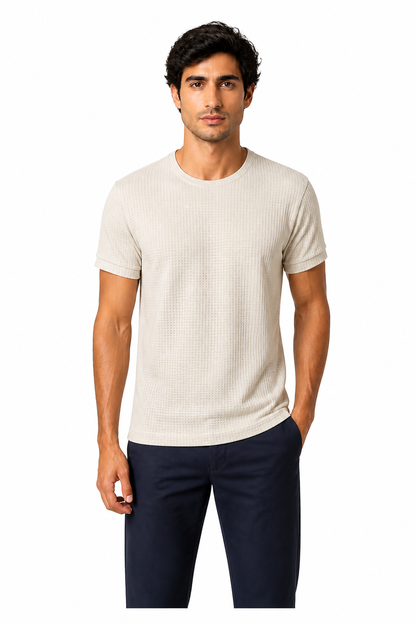 Men Summer Solid Color Round Neck Basic T-Shirts - front - Beige