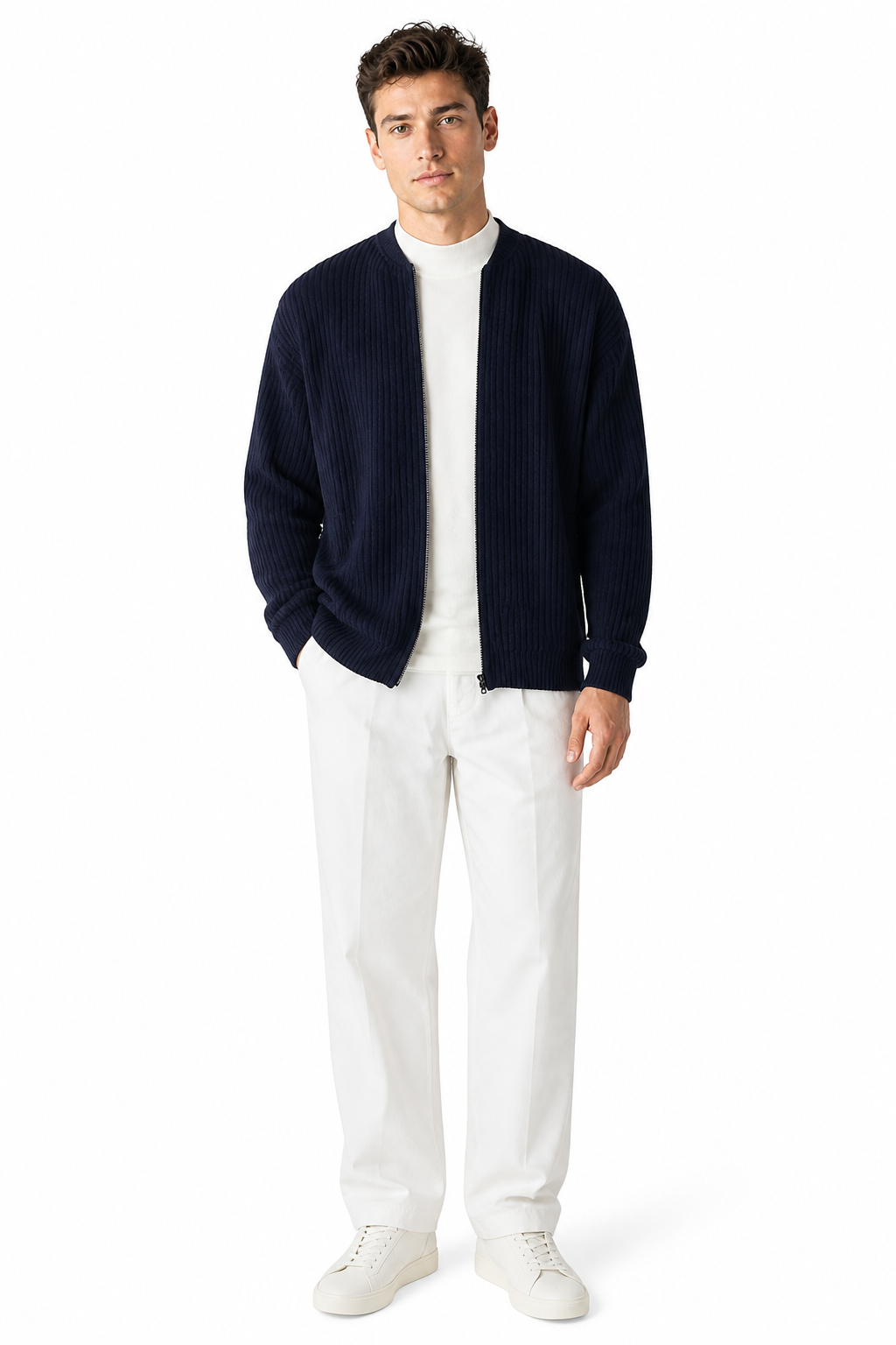 Men Zip Up Knitted Cardigan Lined Funnel Neck Jumper Sweater Pockets Coat All Seasons Comfortable Soft Long Sleeve - front - Dark Blue