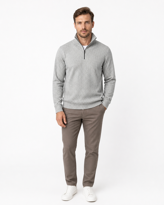 Aiden | Striped Half-Zip Polo Sweater - Light Grey - front - group 1