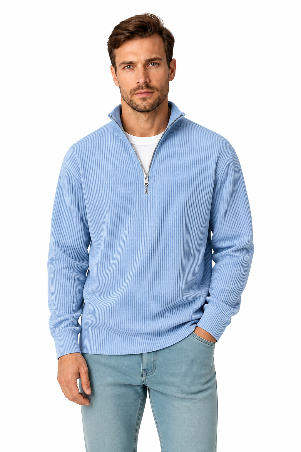 Corduroy Zipper Stand Collar Sweatshirt Fashion Warm Solid Color Long Sleeve Top Men's Casual Polo Shirt Clothing - front - Sky Blue