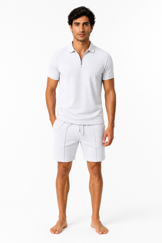 2Pcs Casual Waffle Suit Summer Zipper Lapel Short-sleeved Top And Drawstring Pockets Shorts Versatile Solid Color T-shirt Set For Mens Clothing - front - White
