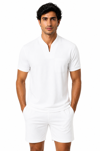 Summer Short Sleeve Shirt Men Fitness Plus Size Sports T-Shirt Elastic Cotton Pocket - front - White