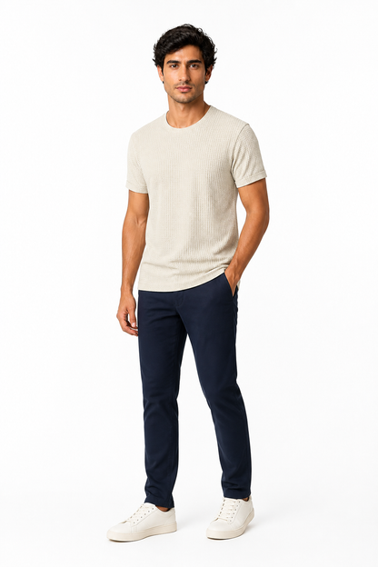 Men Summer Solid Color Round Neck Basic T-Shirts - side - Beige