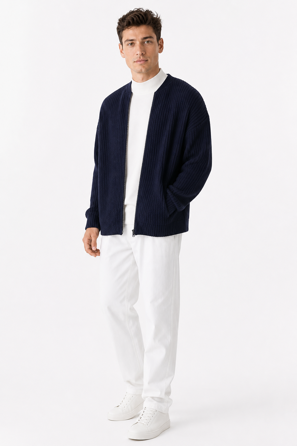 Men Zip Up Knitted Cardigan Lined Funnel Neck Jumper Sweater Pockets Coat All Seasons Comfortable Soft Long Sleeve - side - Dark Blue
