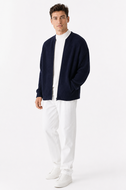 Men Zip Up Knitted Cardigan Lined Funnel Neck Jumper Sweater Pockets Coat All Seasons Comfortable Soft Long Sleeve - side - Dark Blue