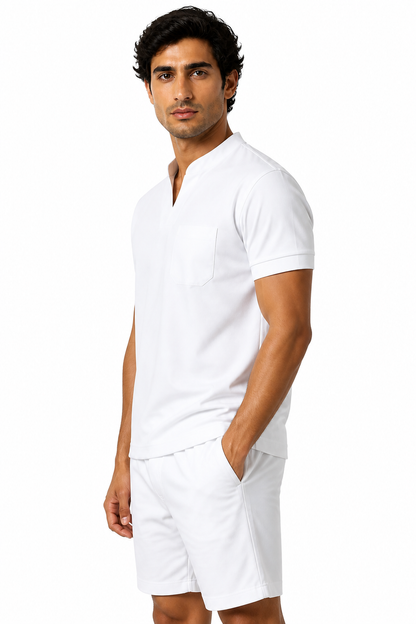 Summer Short Sleeve Shirt Men Fitness Plus Size Sports T-Shirt Elastic Cotton Pocket - side - White