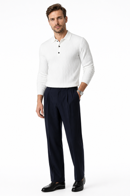 Lapel Button Long Sleeve Polo Shirt Slim Fashion Solid Striped Knitted Bottoming Shirt Top Men's Clothing - side - White