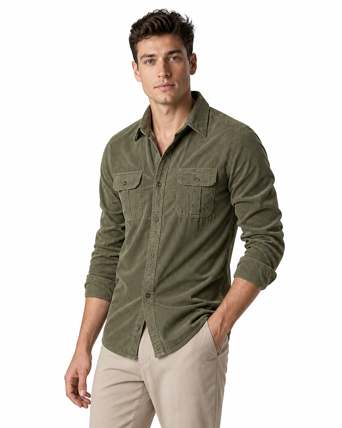 Gerald | Rugged Corduroy Overshirt - Army Green - side