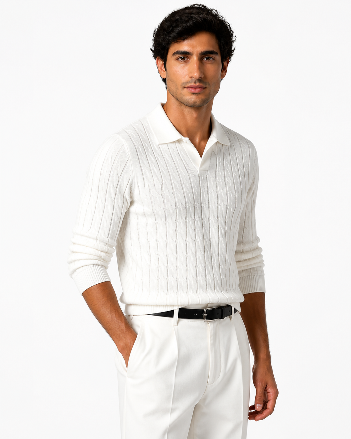 Nathan | Cable-Knit V-Neck Sweater - White - side