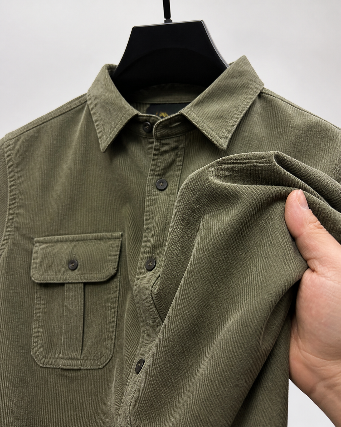 Gerald | Rugged Corduroy Overshirt - Army Green - fabric detail