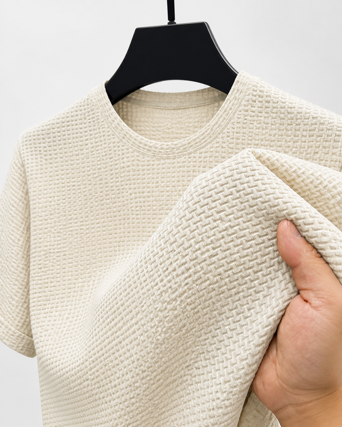 Men Summer Solid Color Round Neck Basic T-Shirts - texture - Beige