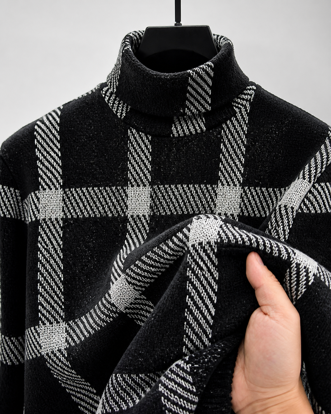 Knox | Checkered Turtleneck Sweater - Black - fabric detail