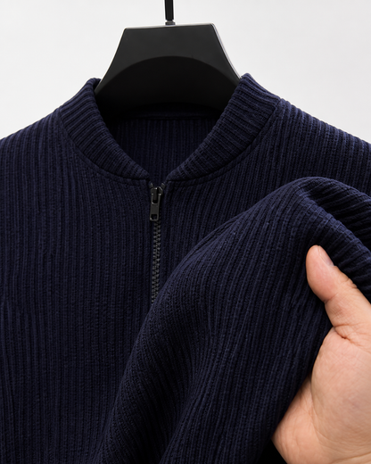 Men Zip Up Knitted Cardigan Lined Funnel Neck Jumper Sweater Pockets Coat All Seasons Comfortable Soft Long Sleeve - texture - Dark Blue
