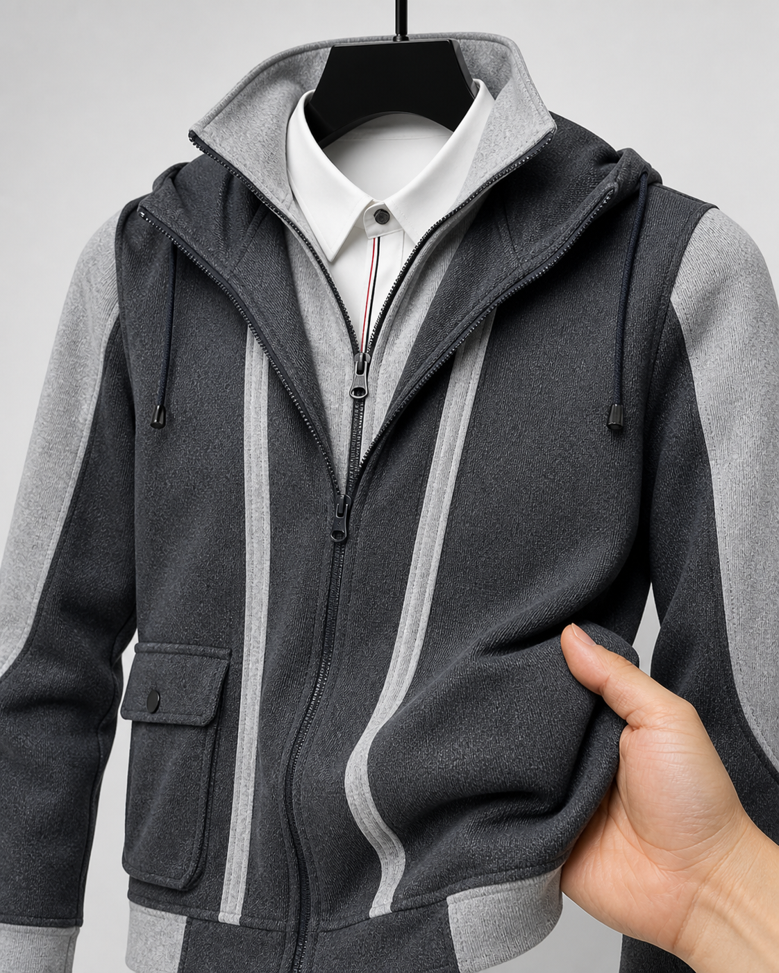 Patrick | Hooded Casual Field Jacket - Dark Grey - fabric detail