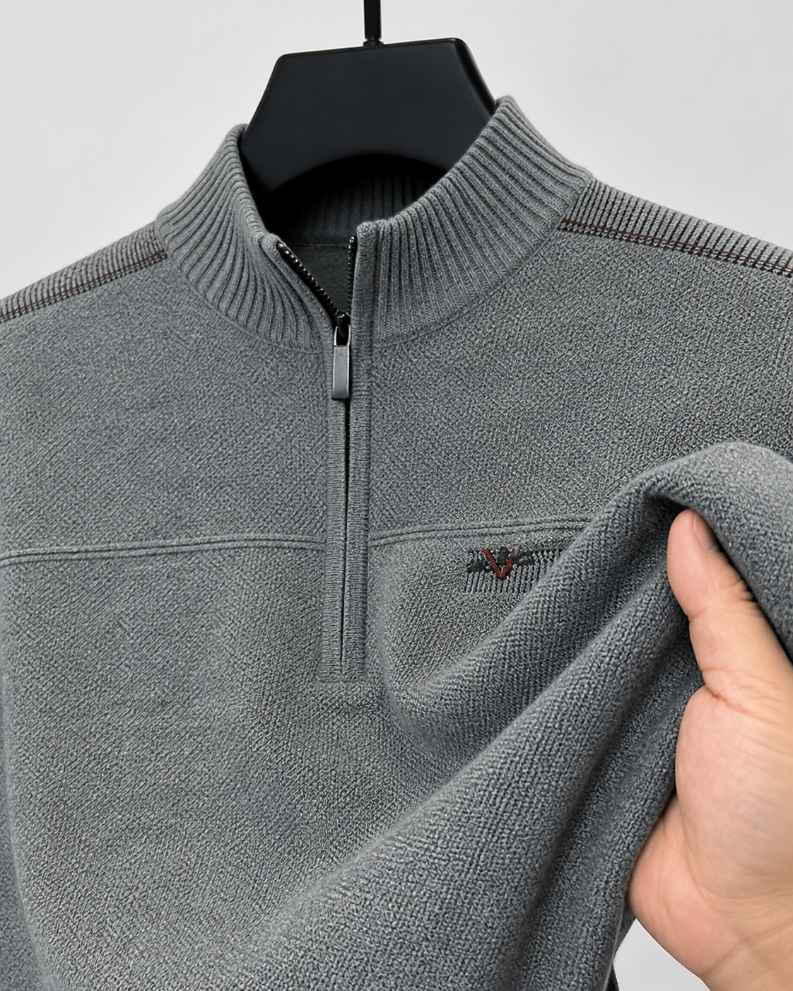 Emmett | Relaxed Quarter-Zip Sweater - Gray - fabric detail