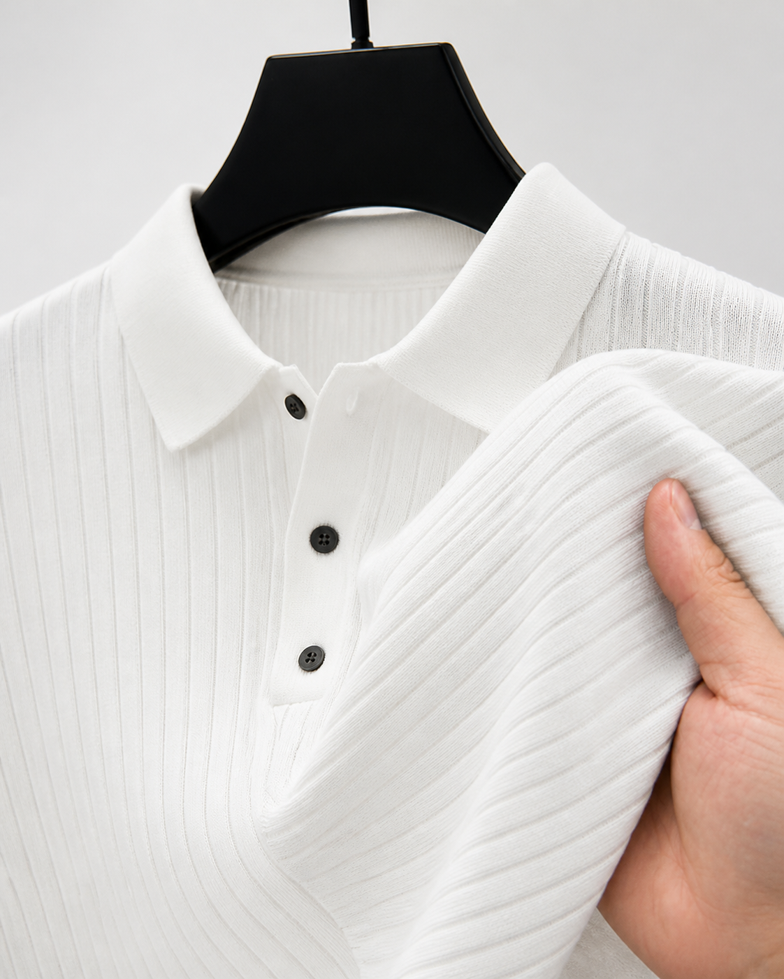Lapel Button Long Sleeve Polo Shirt Slim Fashion Solid Striped Knitted Bottoming Shirt Top Men's Clothing - texture - White