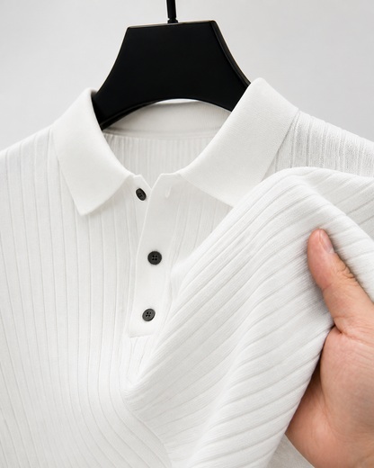 Lapel Button Long Sleeve Polo Shirt Slim Fashion Solid Striped Knitted Bottoming Shirt Top Men's Clothing - texture - White