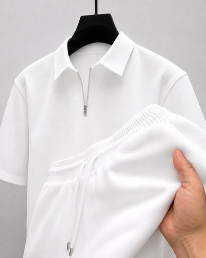 Ashton | Summer Polo and Shorts Set - White - fabric detail