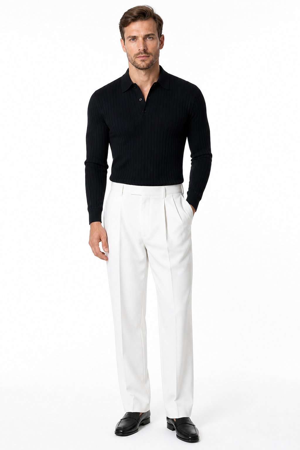 Lapel Button Long Sleeve Polo Shirt Slim Fashion Solid Striped Knitted Bottoming Shirt Top Men's Clothing - front - Black