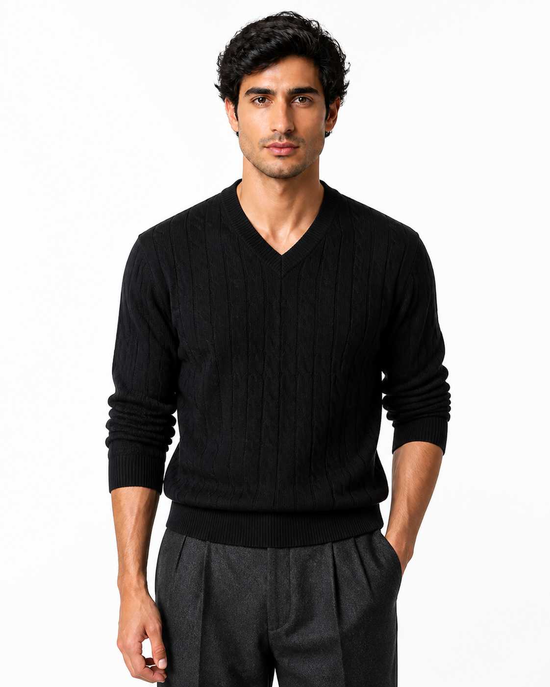 Nathan | Cable-Knit V-Neck Sweater - Black - front - group 2