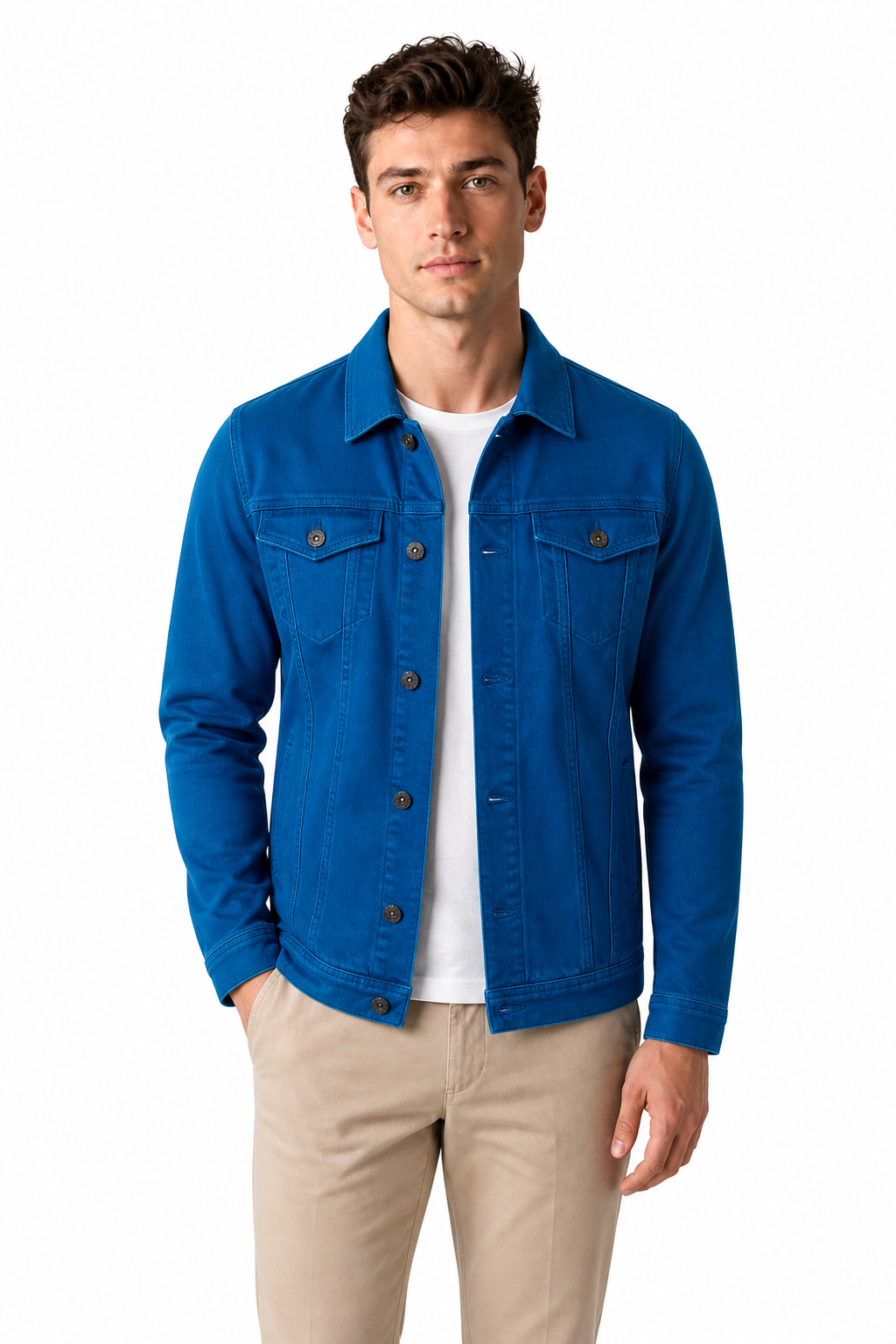 Casual Men Jacket Denim Button Shirt - front - Blue