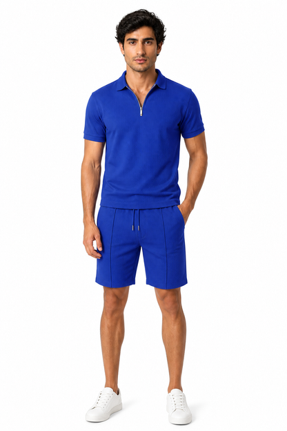 2Pcs Casual Waffle Suit Summer Zipper Lapel Short-sleeved Top And Drawstring Pockets Shorts Versatile Solid Color T-shirt Set For Mens Clothing - front - Royal