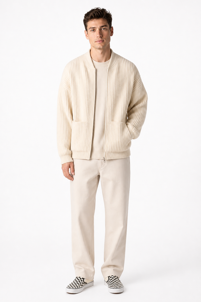Men Zip Up Knitted Cardigan Lined Funnel Neck Jumper Sweater Pockets Coat All Seasons Comfortable Soft Long Sleeve - front - Apricot