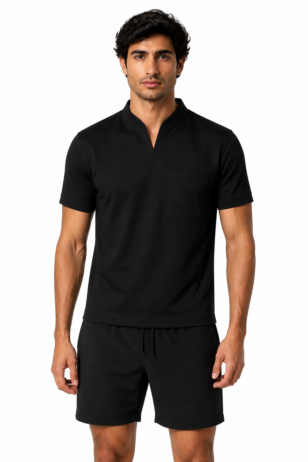 Summer Short Sleeve Shirt Men Fitness Plus Size Sports T-Shirt Elastic Cotton Pocket - front - Black