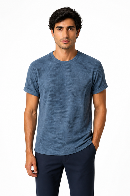 Men Summer Solid Color Round Neck Basic T-Shirts - front - Blue