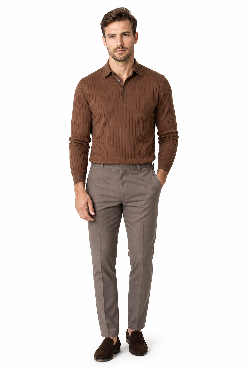 Lapel Button Long Sleeve Polo Shirt Slim Fashion Solid Striped Knitted Bottoming Shirt Top Men's Clothing - front - Dark Brown
