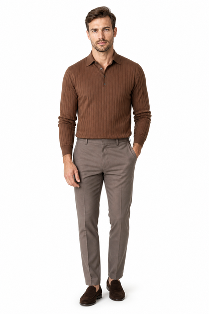 Lapel Button Long Sleeve Polo Shirt Slim Fashion Solid Striped Knitted Bottoming Shirt Top Men's Clothing - front - Dark Brown