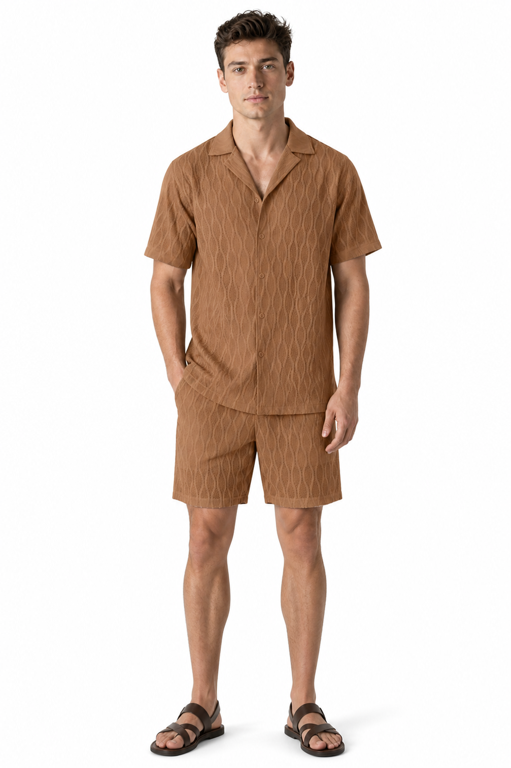 Men Tracksuits Summer Fashion Solid Loose Casual Two Pieces Lapel Button Shirt Shorts Beach Holiday All-match Outfits Male - front - Dark brown