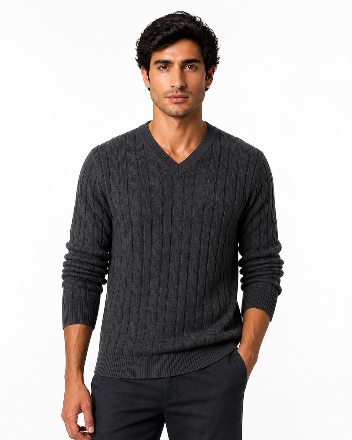 Nathan | Cable-Knit V-Neck Sweater - Dark Gray - front - group 3