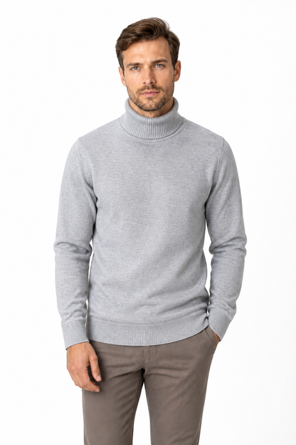 Men's Turtleneck Pullover Sweater Fashion Solid Color Fleece Lined Knitted Long-sleeved Top Clothing - front - Gray