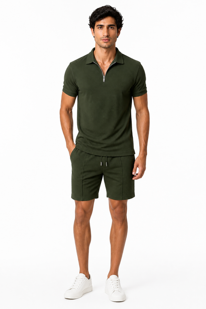 2Pcs Casual Waffle Suit Summer Zipper Lapel Short-sleeved Top And Drawstring Pockets Shorts Versatile Solid Color T-shirt Set For Mens Clothing - front - Army Green