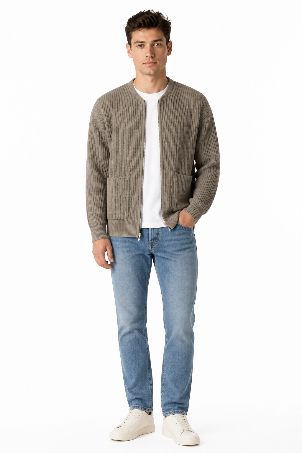 Men Zip Up Knitted Cardigan Lined Funnel Neck Jumper Sweater Pockets Coat All Seasons Comfortable Soft Long Sleeve - front - Khaki