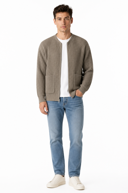Men Zip Up Knitted Cardigan Lined Funnel Neck Jumper Sweater Pockets Coat All Seasons Comfortable Soft Long Sleeve - front - Khaki
