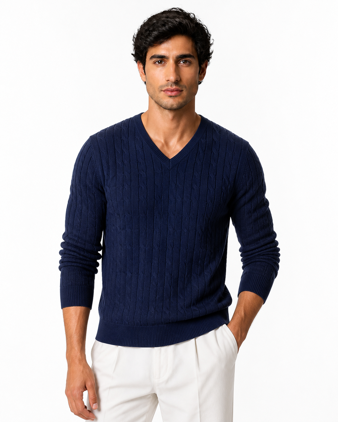 Nathan | Cable-Knit V-Neck Sweater - Navy Blue - front - group 4
