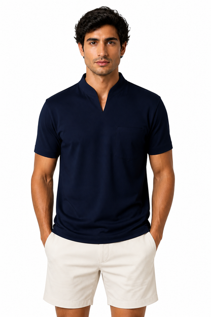 Summer Short Sleeve Shirt Men Fitness Plus Size Sports T-Shirt Elastic Cotton Pocket - front - Navy Blue