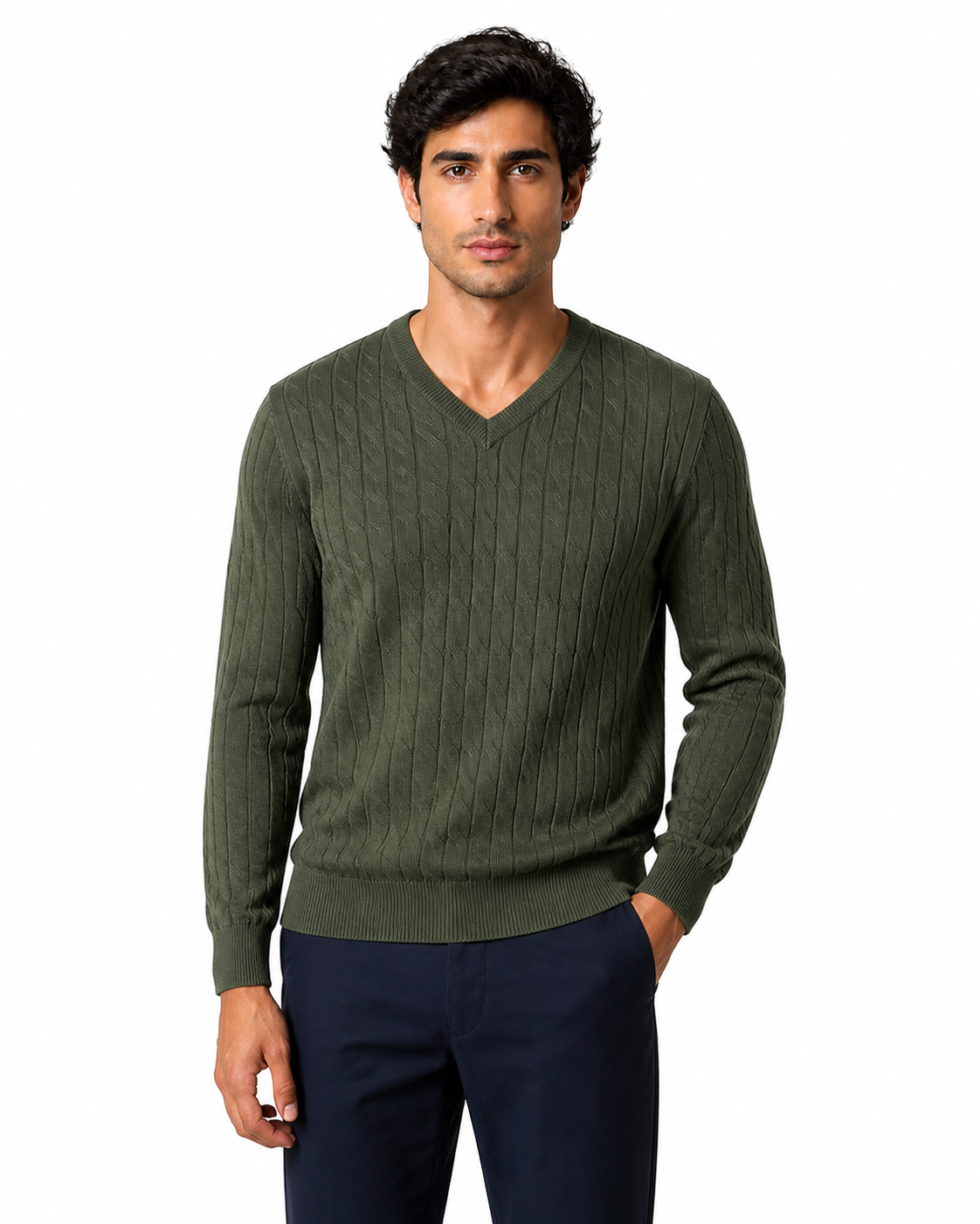 Nathan | Cable-Knit V-Neck Sweater - Army Green - front - group 5