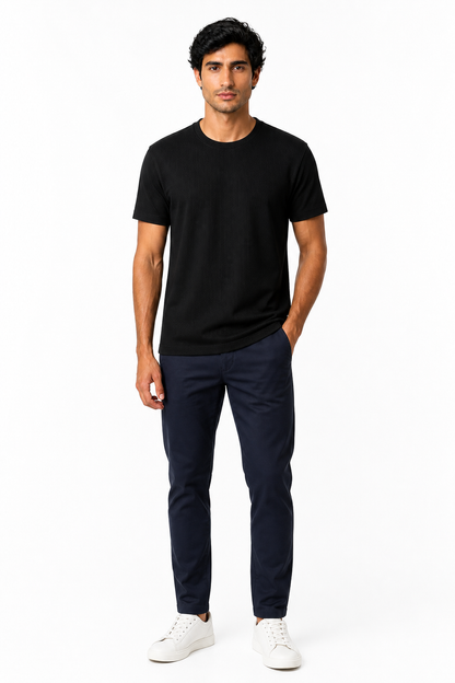 Men Summer Solid Color Round Neck Basic T-Shirts - front - Black