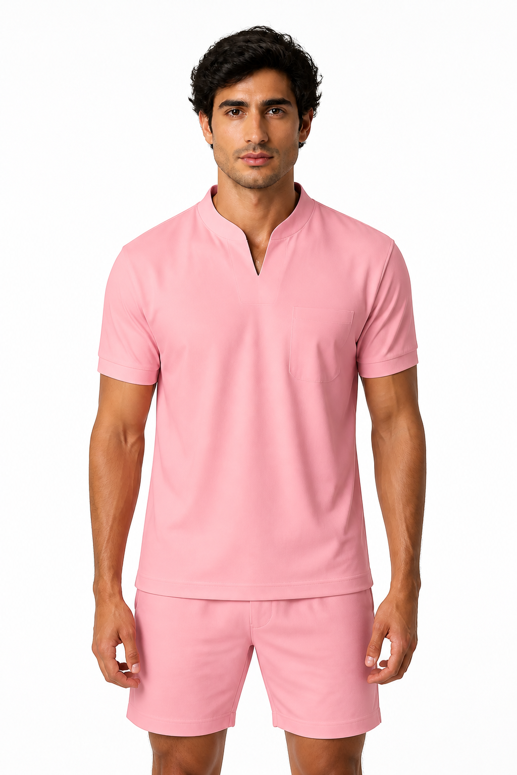 Summer Short Sleeve Shirt Men Fitness Plus Size Sports T-Shirt Elastic Cotton Pocket - front - Pink
