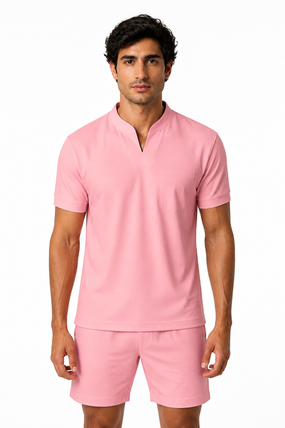 Summer Short Sleeve Shirt Men Fitness Plus Size Sports T-Shirt Elastic Cotton Pocket - front - Pink