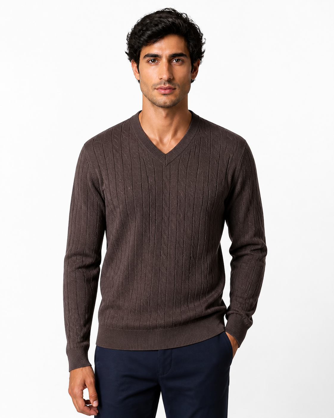 Nathan | Cable-Knit V-Neck Sweater - Brown - front - group 6