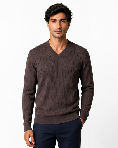 Nathan | Cable-Knit V-Neck Sweater - Brown - front - group 6