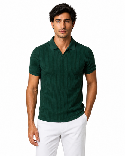 Marcus | Vertical-Rib V-Neck Polo - Dark Green - front - group 6