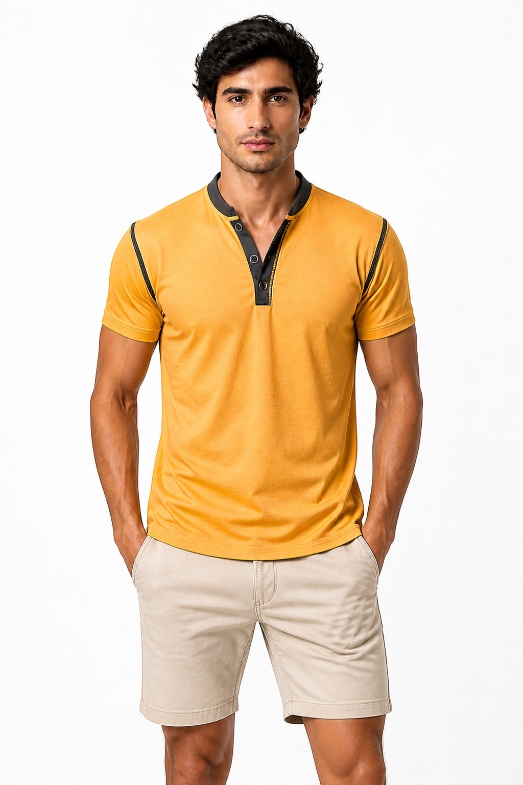Fashion Short-sleeved Polo Shirt Summer Button V-neck T-shirt Tops Mens Clothing - front - Yellow